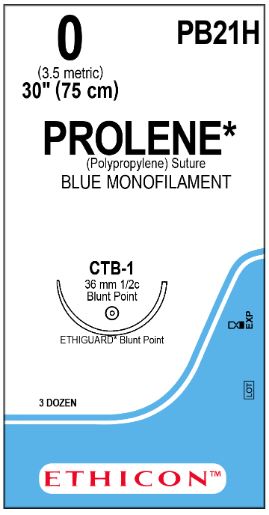 Ethicon Ethiguard Prolene Non-Absorbable Sutures - Prolene Suture, Monofilament, Blue, Size 0, 30", CTB-1 Needle - PB21H