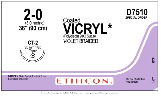 Ethicon Coated Vicryl (polyglactin 910) Suture b - Ethicon-Coated Vicryl Braided Sutures, Violet, Size 2-0, 36" Length, SA, CT-2 - D7510