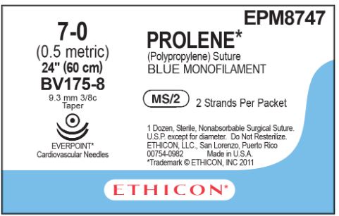 Ethicon Double-armed Needled Prolene Sutures - Prolene Suture, Blue, Size 7-0, 2" x 24" Double Arm BV175-8 Needle - EPM8747