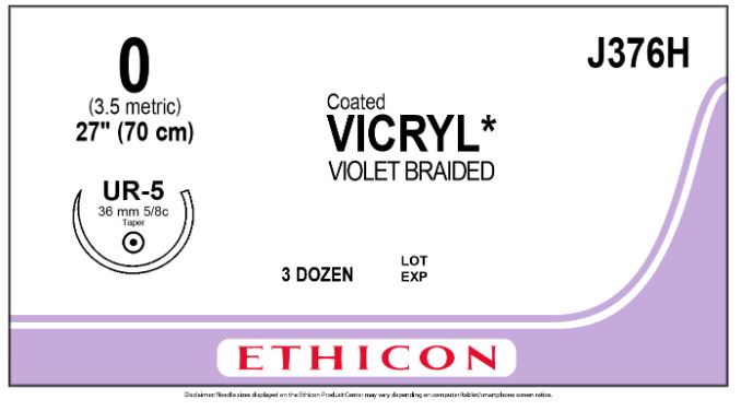 Ethicon Coated Vicryl (polyglactin 910) Suture b - SUTURE, 0 27 CTD VIC VIO BR UR-5, VA - J376H