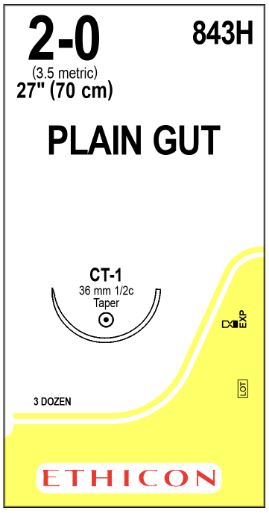 Ethicon Taper Point Plain Gut Absorbable Sutures - Taper Point Plain Gut Absorbable Suture, Size 2-0, 27", CT-1 Needle - 843H