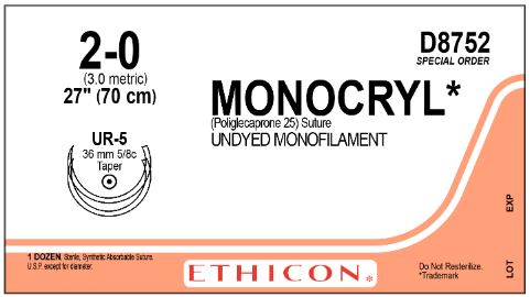 Ethicon D-Special Prolene Sutures - D-Special Monocryl Suture, Undyed Monofilament, Size 2-0, 27", Double Arm, UR-5 Needle - D8752