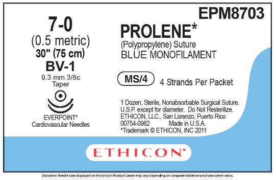 Ethicon Blue Prolene Suture - Blue Prolene Suture, 7-0, 4 x 30", BV-1, Double Armed - EPM8703