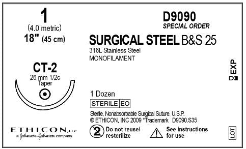 Ethicon D-Special Sutures - D-Special Surgical Steel Suture, Monofilament, Size 1, 18", with CT-2 Needle - D9090