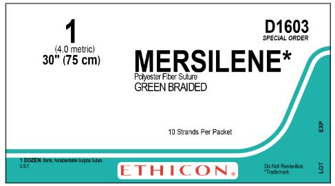 Ethicon D-Special Sutures - D-Special Mersilene Suture, Green Braided, Size 1, 10" x 30", No Needle - D1603