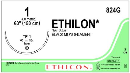 Ethicon Ethilon Taper Point Sutures - Ethilon Monofilament Suture, Black, 60", Size 1, TP-1 Needle - 824G