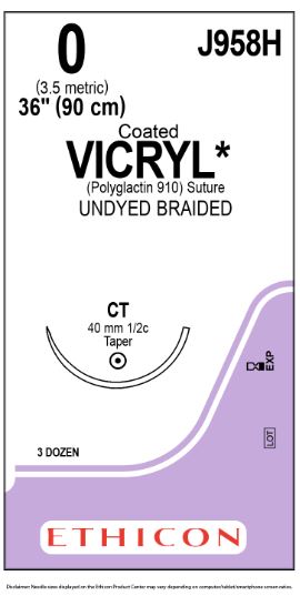 Ethicon Coated Vicryl (polyglactin 910) Suture b - SUTURE, 0 36 CTD VIC UND BR CT, VA - J958H