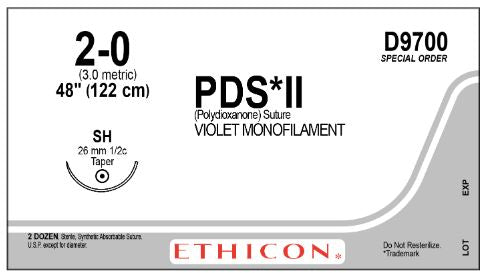 Ethicon D-Special Sutures - D-Special PDS II Suture, Violet Monofilament, Size 2-0, 48", with SH Needle - D9700