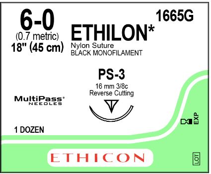 Ethicon Precision Point Nonabsorbable Nylon Surgical Monofilament Suture - Precision Point Nonabsorbable Nylon Surgical Monofilament Suture, Pliabilized, Black, 6/0, 18", PS-3 Needle - 1665G