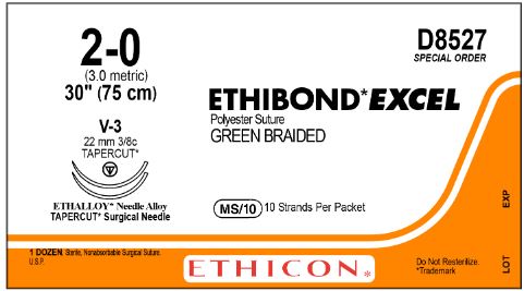 Ethicon Ethibond Excel Polyester Sutures - Ethibond Excel Polyester Suture, Green Braided, Size 2-0, 30", V-3 Needle - ET D8527