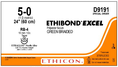 Ethicon D-Special Sutures - D-Special Vicryl Suture, Green Braided, Size 5-0, 24", with Double Armed RB-4 Needle, Soft Pledget - D9191