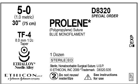 Ethicon D-Special Sutures - D-Special Prolene Suture, Blue Monofilament, Size 5-0, 30", with TF-4 Needle - D8320