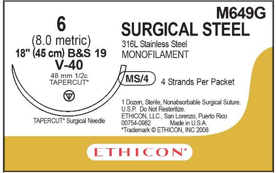 Ethicon Surgical Stainless Steel Sutures - SUTURE, SURGICAL, MONO, B&S, 6, 4-18, V-40, VA - M649G