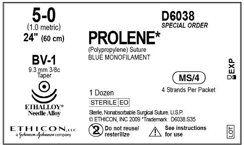 Ethicon D-Special Sutures - D-Special Prolene Suture, Blue Monofilament, Size 5-0, 4" x 24", with BV-1 Needle - D6038