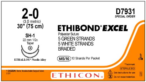 Ethicon D-Special Sutures - D-Special Ethibond Suture, Green and White Braided, Size 2-0, 10" x 30", with SH-1 Needle - D7931