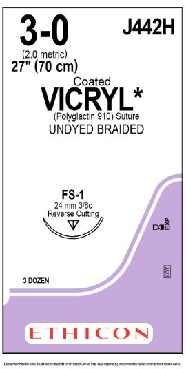 Ethicon Coated Vicryl (polyglactin 910) Suture b - SUTURE, 3/0 27 CTD VIC UND BR FS-, VA - J442H