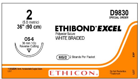 Ethicon Ethibond Excel Polyester Sutures - Ethibond Excel Polyester Suture, White Braided, Size 2, 36", OS-6 Needle - D9830