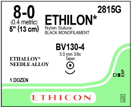 Ethicon Ethilon Taper Point Sutures - Ethilon Monofilament Suture, Black, 5", Size 8/0, BV130 Needle - 2815G