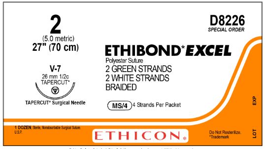 Ethicon Tapercut Ethibond Excel Non-Absorbable Sutures - Ethibond Excel Suture, V-7, Size 2, 27" - D8226