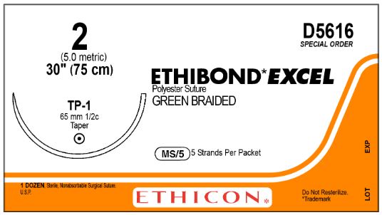 Ethicon Taper Point Ethibond Excel Suture - Ethibond Excel Suture, Braided, TP-1, SA, Size 2, Green 5" x 30" - D5616