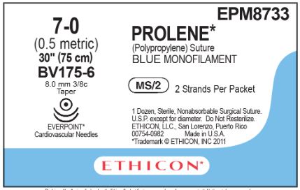 Ethicon Everpoint Prolene Non-Absorbable Sutures - Prolene Suture, Blue Monofilament, Size 7-0, 2 x 30", Double Arm, BV175-6 Needle - EPM8733