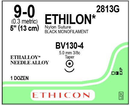 Ethicon Ethilon Taper Point Sutures - Ethilon Monofilament Suture, Black, 5", Size 9/0, BV130-4 Needle - 2813G