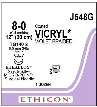 Ethicon Coated Vicryl (polyglactin 910) Suture b - SUTURE, 8/0 12 CTD VIC VIO BR TG1, VA - J548G