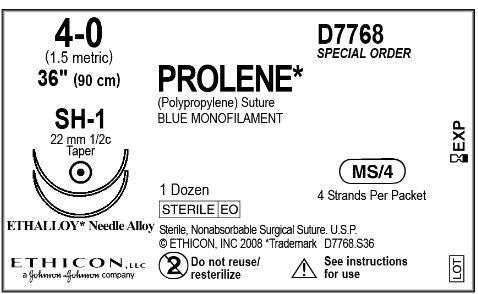 Ethicon D-Special Prolene Sutures - D-Special Prolene Suture, Blue Monofilament, Size 4-0, 36", SH-1 Needle - D7768