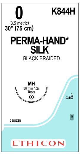 Ethicon Silk Sutures - Perma-Hand Black Braided Silk Suture with 36 mm 1/2 Circle MH Taperpoint Needle, 30" Long, Size 0 - K844H