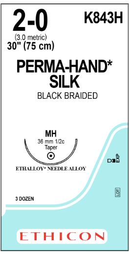 Ethicon Silk Sutures - Perma-Hand Black Braided Silk Suture with 36 mm 1/2 Circle MH Taperpoint Needle, 30" Long, Size 2-0 - K843H