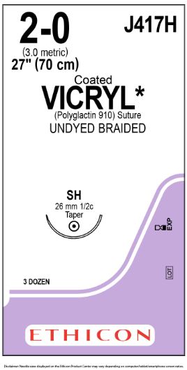 Ethicon Coated Vicryl (polyglactin 910) Suture b - SUTURE, 2/0 27 CTD VIC UND BR SH, VA - J417H