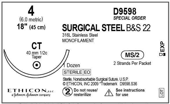 Ethicon Surgical Stainless Steel Sutures - B& S Surgical Steel Monofilament Suture with 40 mm 1/2 Circle CT Taper Point Needle, 2" x 18" Long, Size 4 - D9598