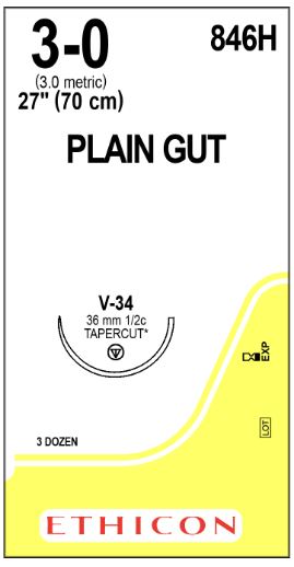 Ethicon Tapercut Plain Gut Absorbable Sutures - Tapercut Plain Gut Absorbable Sutures, V-34 Needle, Size 3-0, 27" L - 846H