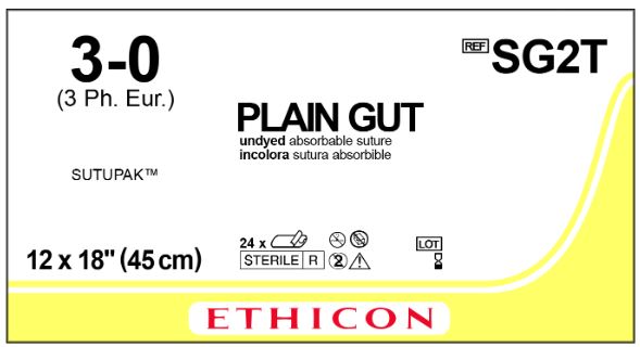 Ethicon Sutupak Sterile Pre-Cut Plain Gut Absorbable Sutures - Sutupak Sterile Pre-Cut Plain Gut Absorbable Sutures, Size 3-0 - SG2T