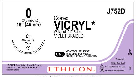 Ethicon Coated Vicryl (polyglactin 910) Suture b - SUTURE, 0 8-18 CTD VIC VIO BR CT, VA - J752D