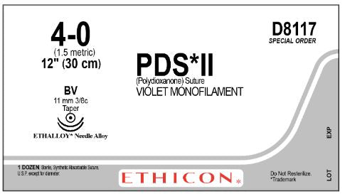 Ethicon D-Special Sutures - D-Special PDS II Suture, Violet Monofilament, Size 4-0, 12", with BV Needle, Double Armed - D8117