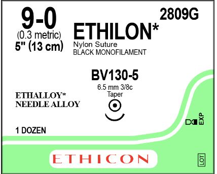 Ethicon Ethilon Taper Point Sutures - Ethilon Monofilament Suture, Black, 5", Size 9/0, BV130-5 Needle - 2809G