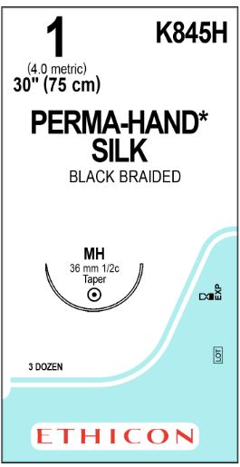 Ethicon Silk Sutures - Perma-Hand Black Braided Silk Suture with 36 mm 1/2 Circle MH Taperpoint Needle, 30" Long, Size 1 - K845H