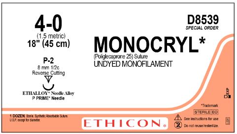 Ethicon Monocryl Suture - Monocryl Suture, Size 4-0, 18", D-Special, Single Arm, P-2 Needle - D8539