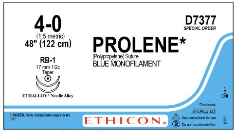 Ethicon D-Special Sutures - D-Special Prolene Suture, Blue Monofilament, Size 4-0, 48", with RB-1 Needle - D7377