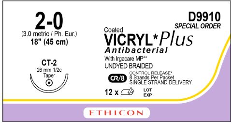 Ethicon D-Special Sutures - D-Special Coated Vicryl Suture, Undyed Braided, Size 2-0, 18", with CT-2 Needle - D9910