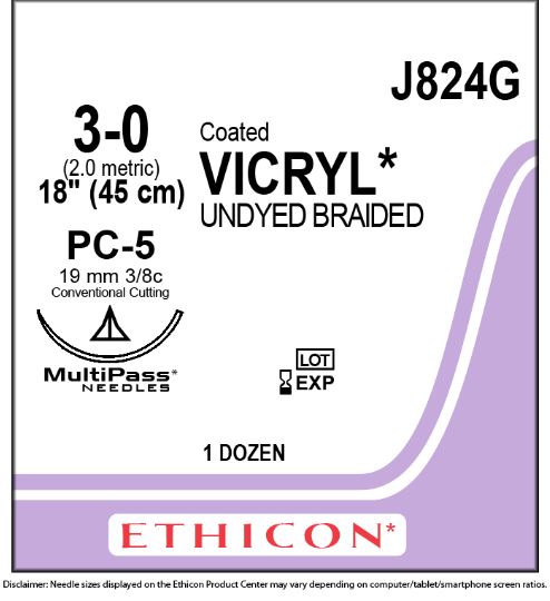 Ethicon Coated Vicryl (polyglactin 910) Suture b - SUTURE, 3/0 18 CTD VIC UND BR PC-, VA - J824G