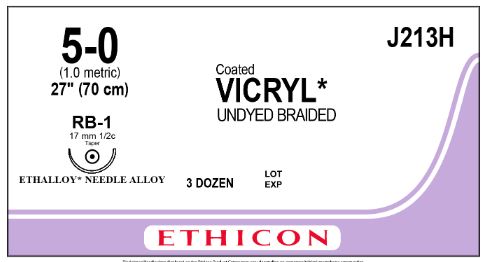 Ethicon Coated Vicryl Undyed Sutures - SUTURE, 5/0 27 CTD VIC UND BR RB-, VA - J213H