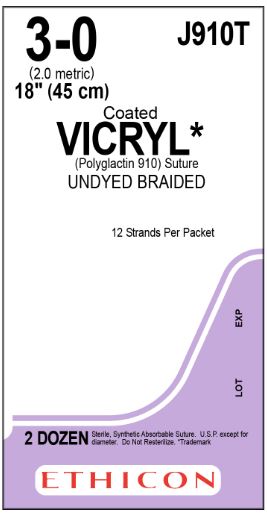 Ethicon Coated Vicryl (polyglactin 910) Suture b - SUTURE, VICRYL, 3/0, 12X18, UNDYED, 45CM, VA - J910T