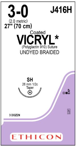 Ethicon Coated Vicryl (polyglactin 910) Suture b - SUTURE, UNDYED, BRAIDED, 3.0, 27 LONG, VA - J416H