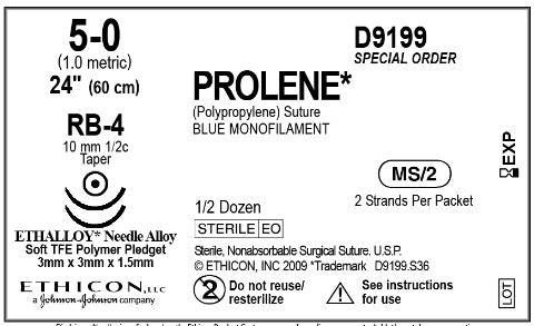 Ethicon D-Special Sutures - D-Special Prolene Suture, Blue Monofilament, Size 5-0, 2" x 24", with RB-4 Needle, Pledget - D9199