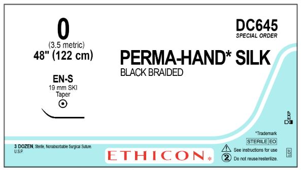 Ethicon Silk Sutures - Perma-Hand Black Braided Silk Suture with 19 mm Ski EN-S Taperpoint Needle, 48" Long, Size 0 - DC645