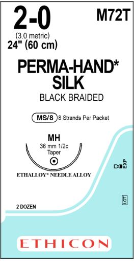 Ethicon Silk Sutures - Perma-Hand Black Braided Silk Suture with 36 mm 1/2 Circle MH Taperpoint Needle, 8 x 24" Long, Size 2-0 - M72T