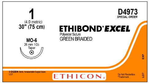 Ethicon Ethibond Excel Polyester Sutures - Ethibond Excel Polyester Suture, Green Braided, Size 1, 30", MO-6 Needle - D4973