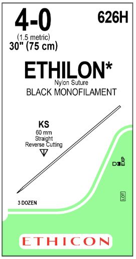 Ethicon Straight-Cutting Ethilon Nonabsorbable Sutures - Ethilon Monofilament Suture, Black, 30", Size 4/0, KS Needle - 626H